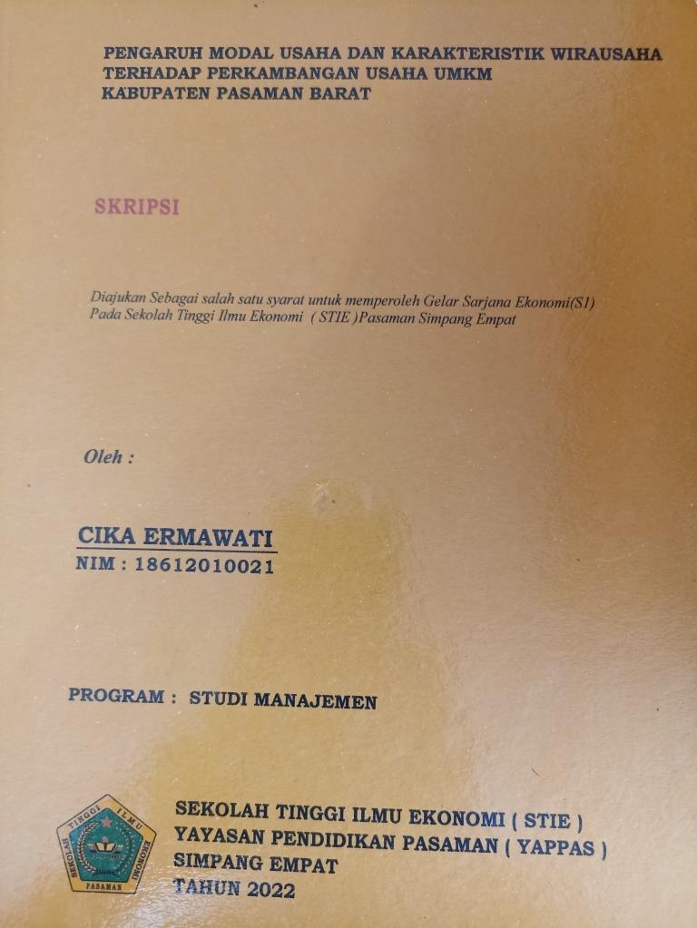 Pengaruh Modal Usaha dan Karakteristik Wirausaha Terhadap Perkembangan Usaha UMKM Kabupaten Pasaman Barat