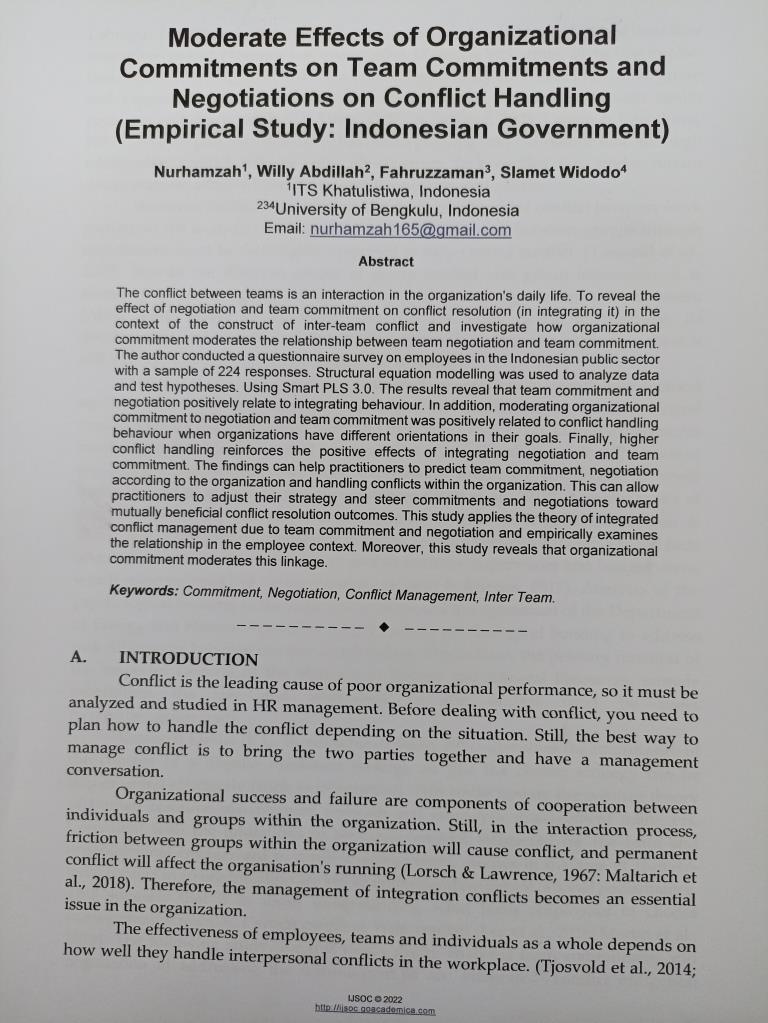 Moderate Effects of Organizational  Commitments on Team Commitments and  Negotiations on Conflict Handling  (Empirical Study: Indonesian Government)
